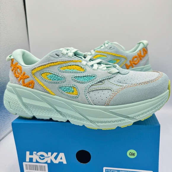 NWT Hoka Clifton Leather Embroidery UNISEX Shoes blue glass radiant yellow NEW - Picture 3 of 16